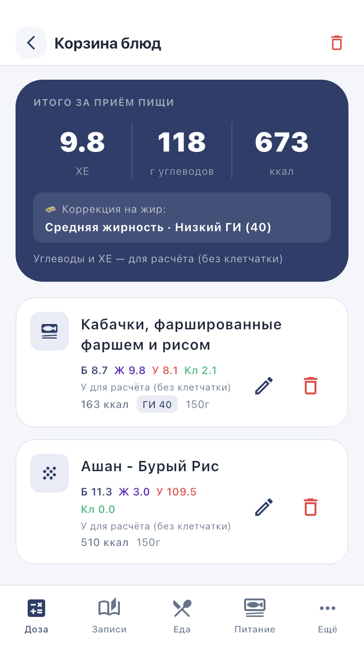 Корзина: общий итог находится над списком продуктов; вес можно изменить.