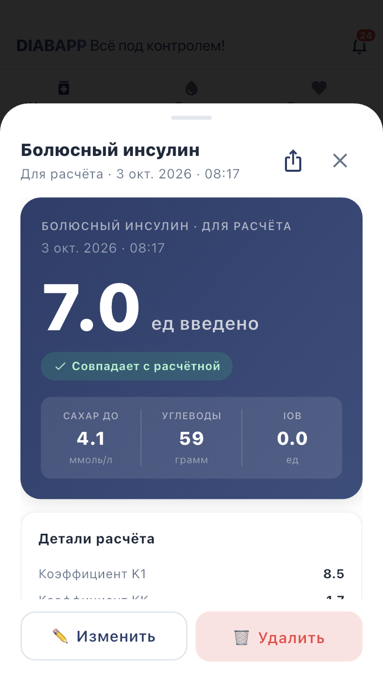 Карточка записи: откройте изменение для добавления контрольного замера.