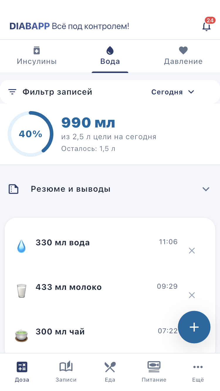 Дневник воды: итог дня находится сверху, отдельные напитки — ниже.